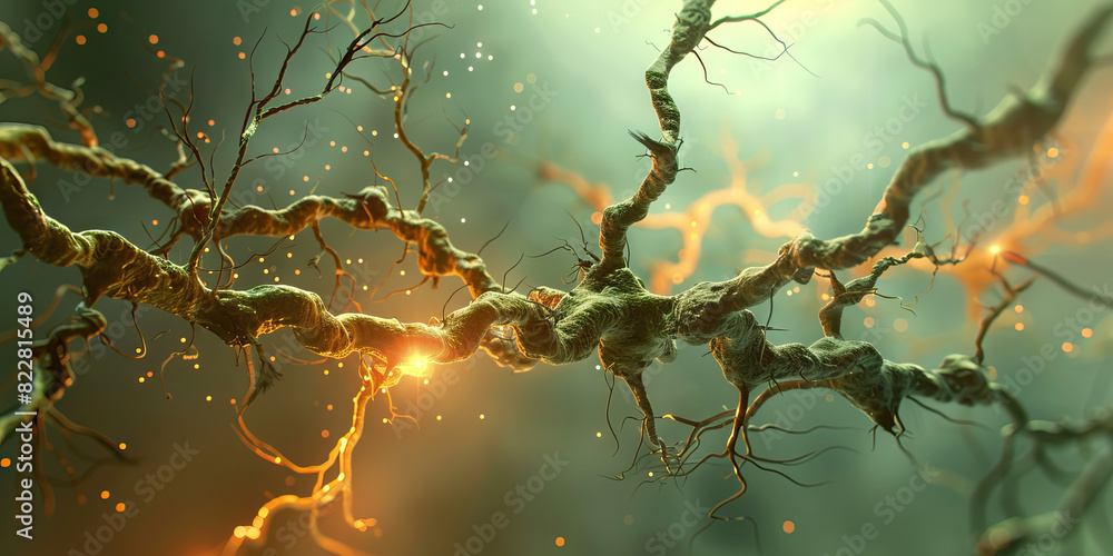 Aufkleber the synaptic symphony: a close-up of a neuron, its branches branching out and intertwining, against 