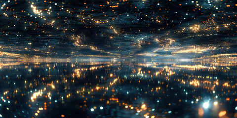 Naklejka premium The Flickering Void: A dark, mysterious void filled with flashing lights, reflecting off of a distant, indistinct landscape.