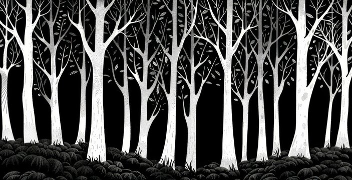 A forest with black leaves and white trees, presenting a striking, monochrome contrast.