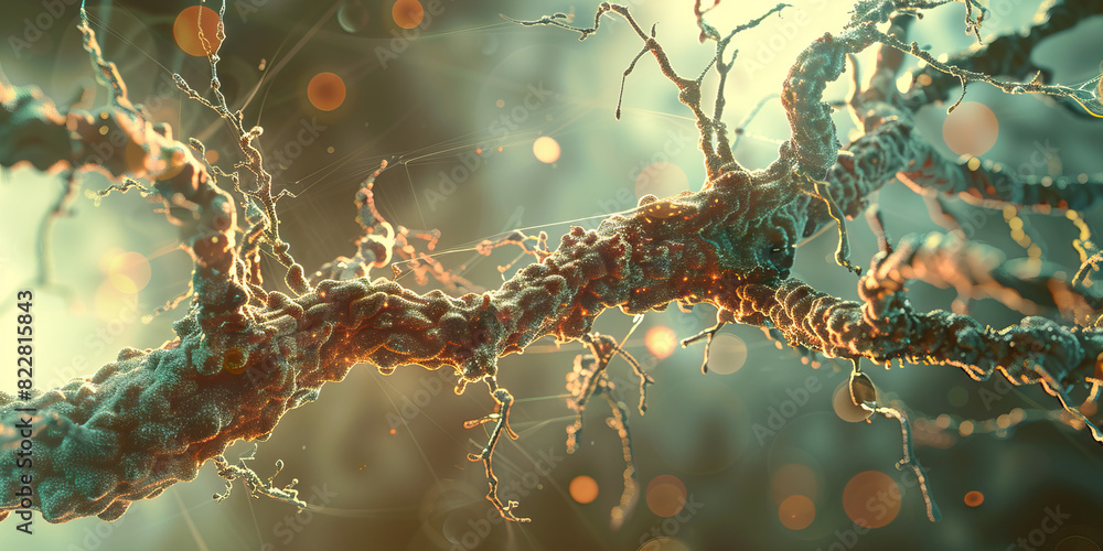 Poster the synaptic symphony: a close-up of a neuron, its branches branching out and intertwining, against 