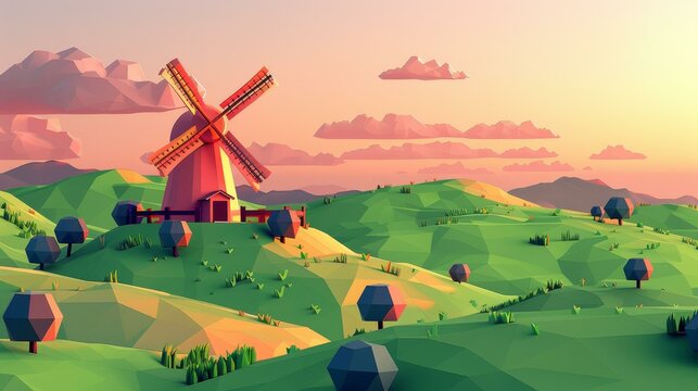 Low poly landscape in pastels, featuring rolling hills and a rustic windmill. Clean, stockstyle image.