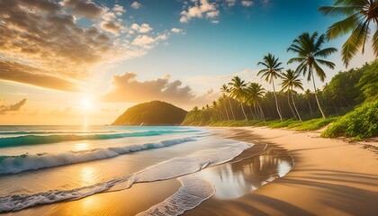 Beautiful tropical beach with palm trees, sunset beach seascape