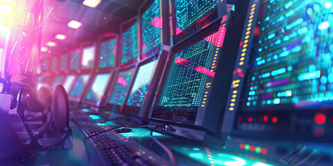 The Electric Maze of the Internet: A computer lab, its monitors and terminals flickering with information overload.