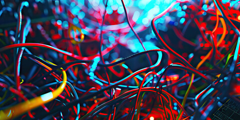 The Synaptic Symphony: A maze of tangled wires, connecting a mess of old and new technology.