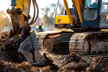 Fototapeta premium Close-up shot of an excavator in action at a construction site