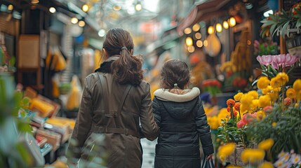 Naklejka premium Mother and daughter walking hand in hand to the local market