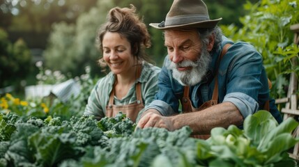 Grandparents picking vegetables in a home garden
