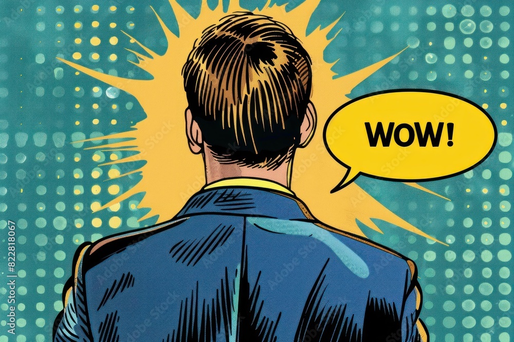 Aufkleber businessman with speech bubble on pop art background concept of wow and success in business and comm