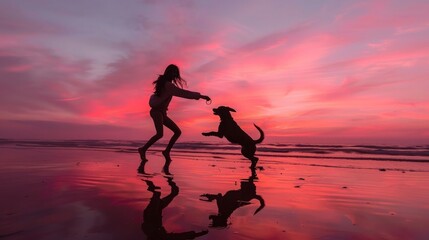 silhouette of girl playing with dog on the beach at sunset, holding ring in hand and jumping together with pet to catch it, reflection in water, pink sky