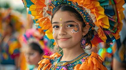 Family attending a community festival or event, vibrant decorations and costumes