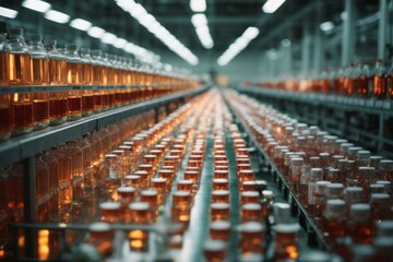 Obraz premium Medical glass bottles containing medicine or serum in pharmaceutical factory