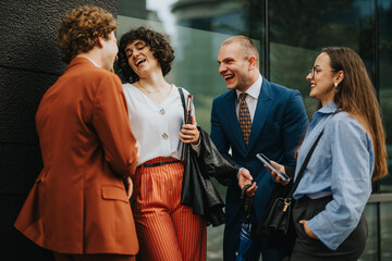 Group of young professionals share a cheerful moment outside a modern office building, showcasing...