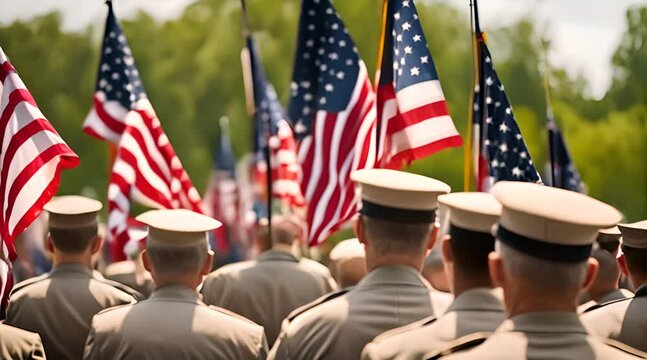 Memorial Day Parade of Veterans Saluting Flag with Blurred Background