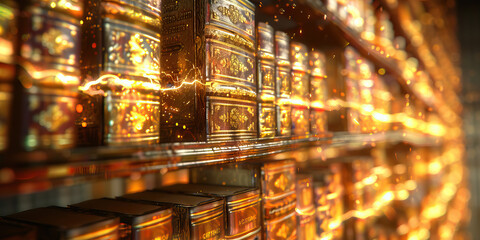 Obraz premium The Synaptic Sizzle of Knowledge: A bejeweled bookshelf, its spines glowing with the light of accumulated wisdom.