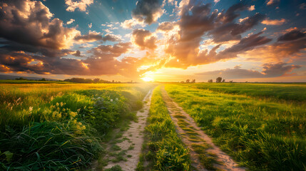 Vibrant sunset casting golden light over a peaceful country road amidst fields