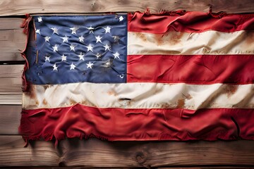 An American Flag Lying on an aged, weathered rustic wooden background
