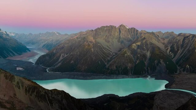 Sunset from Mt Wakefield overlooking Tasman Lake, glacier, and river