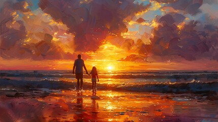 Fototapeta premium Family enjoying a sunset walk on the beach