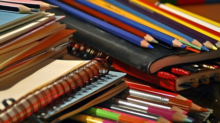 Fototapeta premium Close-up of various colored pencils, notebooks, and sketchbooks scattered on a desk, perfect for studying or creative projects.
