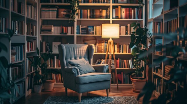 A cozy reading corner with a comfortable armchair soft lighting and a collection of calming books offering a peaceful escape from the chaos of everyday life.