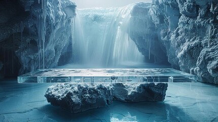 A mesmerizing frozen waterfall cascading into an icy cave, surrounded by shimmering ice formations in a serene winter landscape.