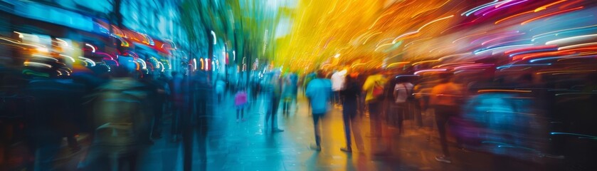 Pride Month, LGBTQ Community Abstract urban scene with motion blur of people walking through a brightly lit street, creating dynamic light trails and vibrant colors.
