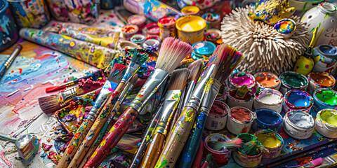 Fototapeta premium The Ecstatic Dance of Creation: A pile of colorful paints and brushes, surrounded by a whimsical collection of found objects.