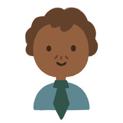 Ilustración infantil de hombre con bigote y corbata de tez oscura.