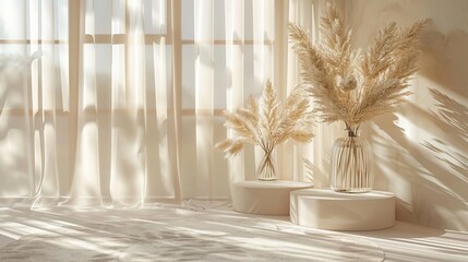 Minimalistic home interior with sunlit, sheer curtains and dried pampas grass in vases, casting soft shadows on the floor.