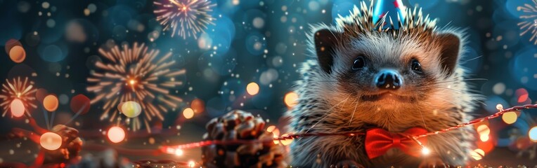 Cute Hedgehog Celebrating New Year's Eve with Fireworks and Party Hat on Funny Animals Banner...