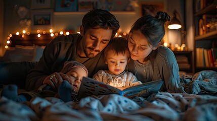 Parents reading bedtime stories to children in a cozy bedroom