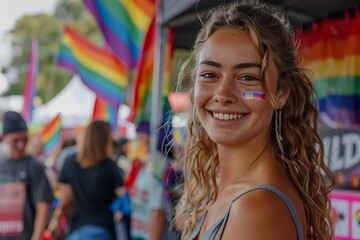 Fototapeta premium Pride Month, LGBTQ Community, Young woman at a vibrant pride festival, smiling amid rainbow flags and festive atmosphere, celebrating love and diversity.