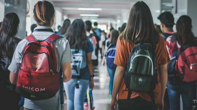 Students with backpacks walking down a crowded high school hallway towards the bright exit, showcasing a busy and energetic school environment.