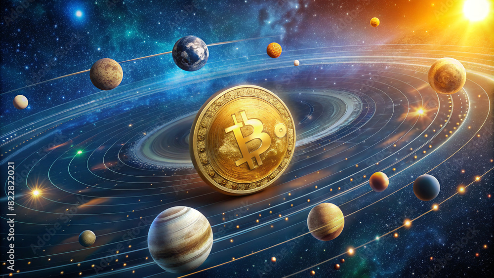 Poster a coin with the letter b on it is floating in space. the coin is surrounded by planets and stars, cr