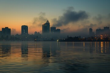 Obraz premium A dawn cityscape with a prominent landmark bathed in the soft glow of the morning sun