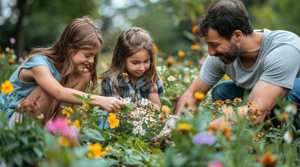 Family members planting flowers together in a garden