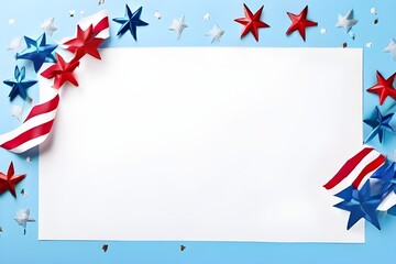 Obraz premium Top view of patriotic decorations: glitter stars, confetti, and national flags, signifying USA's Independence Day. Presented on a blue backdrop with a blank space for text or advert