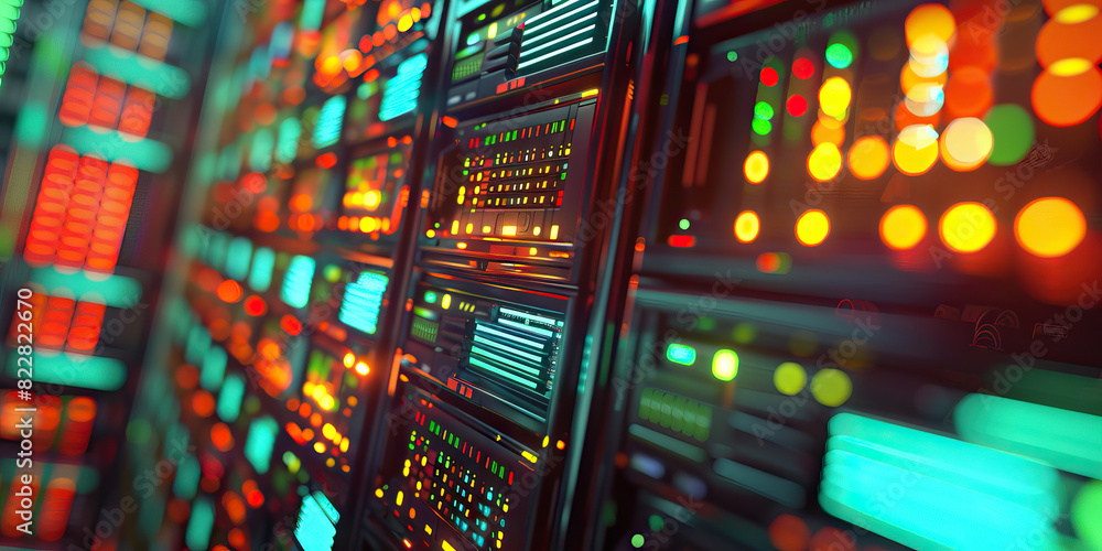 Poster the code based universe: a universe of code, consisting of spinning hard drives, blinking server rac
