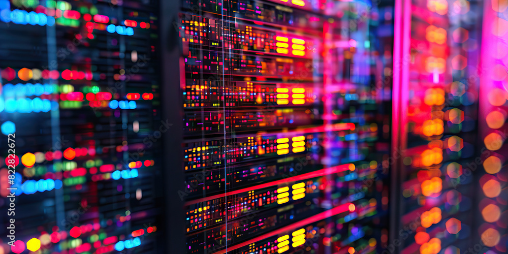 Poster the code based universe: a universe of code, consisting of spinning hard drives, blinking server rac