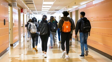 A diverse group of students walk through a brightly lit school hallway, wearing backpacks and engaged in conversation.