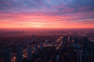 Obraz premium A dawn view of a city from a high vantage point, with a soft pink and orange sky