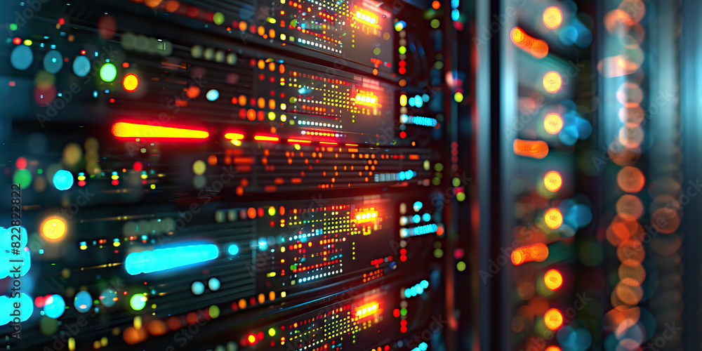 Poster hive of digital intelligence: a cluster of glowing monitors displaying intricate codes, set against 