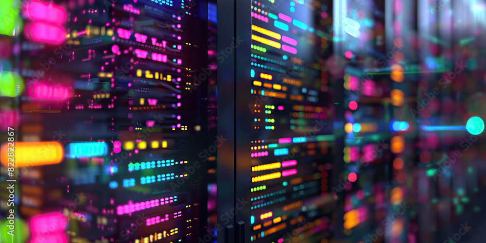 Poster hive of digital intelligence: a cluster of glowing monitors displaying intricate codes, set against 