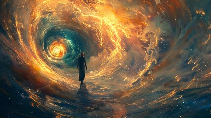 A person traveling through a swirling vortex of time and space,