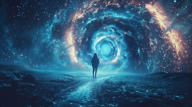 A person stepping through a portal into a parallel universe,