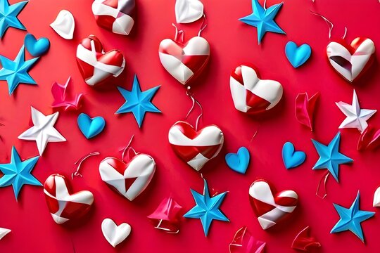 USA Independence Day jubilant cheer. Top view perspective of symbolic adornments, American flag-patterned hearts, confetti, placed on blue surface with empty space for text or promotional content