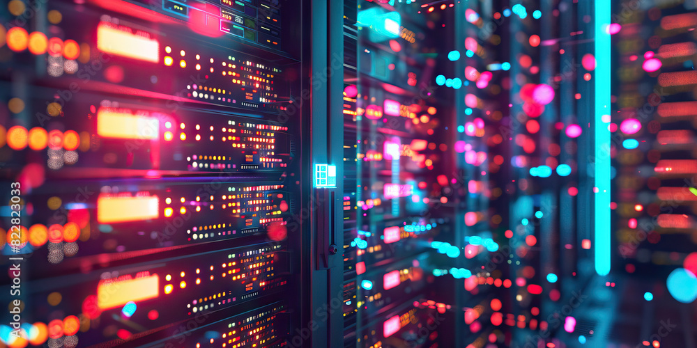 Poster the code based universe: a universe of code, consisting of spinning hard drives, blinking server rac