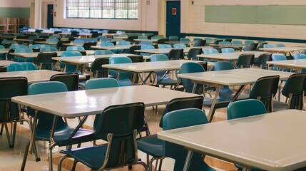 Naklejka premium Spacious and brightly lit school cafeteria with neatly arranged empty tables and chairs, ready for students to gather for meals.