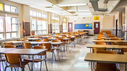 Bright and spacious cafeteria with rows of empty tables and chairs, ready for students during lunchtime in a school setting.