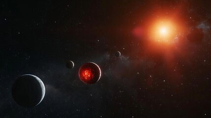 Obraz premium A red dwarf star illuminating nearby planets in a dark starfield,